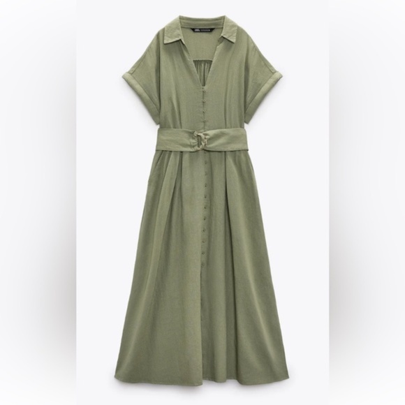 Zara Olive Green Linen Belted Midi Dress in Medium - Picture 2 of 11